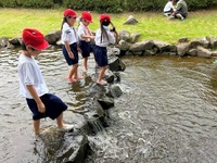 滝のような流れに興味津々